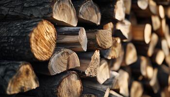 Stacked log chunks tree cutting by carpenter from forest plantations return photo