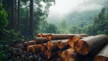 Stacked log chunks tree cutting by carpenter from forest plantations return photo