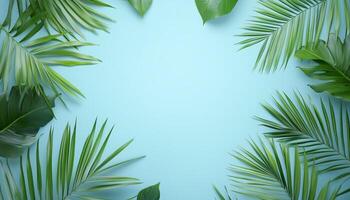 Circular arrangement palm leaves copy space isolated soft blue background photo
