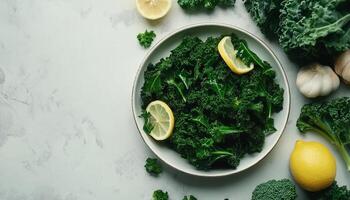 Vegetable kale, broccoli and lemon simple real food homemade copy space background photo