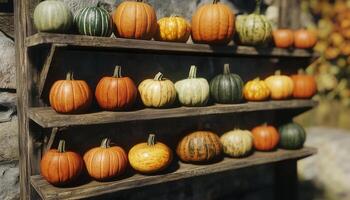Various pumpkins variety arranged on wooden rack in market or farmer photo