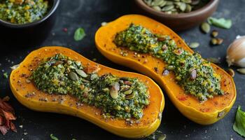 Spicy butternut squash and pumpkin healthy real food with garnish dark plate photo