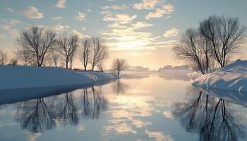 Winter landscape bright sky with river and trees covered by snow photo