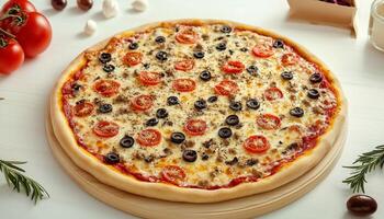 Pizza with tomato, olive and mint on board plate and white wooden background photo