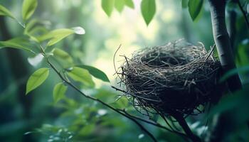 twig animal nest in tree new born house habitat with deep forest blurred background photo