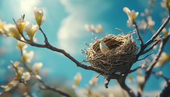 twig animal nest in tree new born house habitat with blue sky blurred background photo