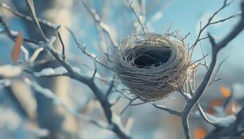 twig animal nest in tree new born house habitat with blue sky blurred background photo