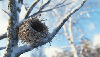 twig animal nest in tree new born house habitat with blue sky blurred background photo