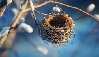 twig animal nest in tree new born house habitat with blue sky blurred background photo