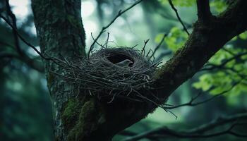 twig animal nest in tree new born house habitat with deep forest blurred background photo