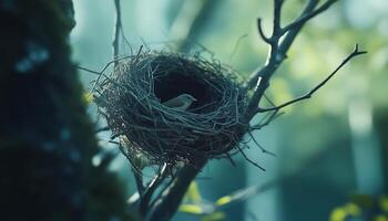 twig animal nest in tree new born house habitat with deep forest blurred background photo