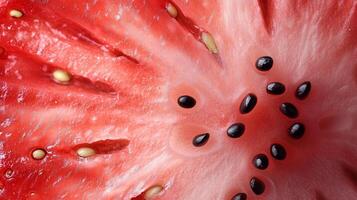 Closeup red strawberry slice focused on texture flesh of fruit photo