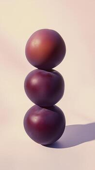 A stack of plum fruit balancing on top with solid background photo