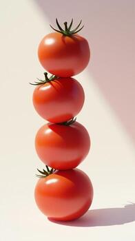 A stack of tomato fruit balancing on top with pink solid background photo