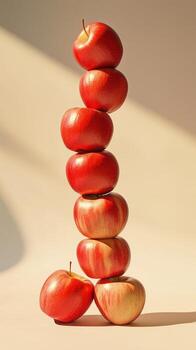 A stack of red apple slice fruit balancing on top with solid background photo