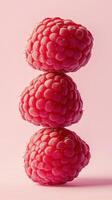 A stack of raspberry fruit balancing on top with solid background photo