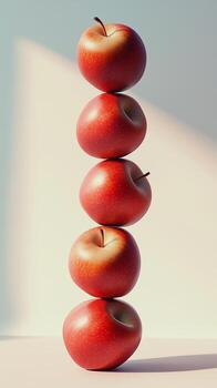 A stack of red apple slice fruit balancing on top with solid background photo