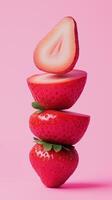 A stack of strawberry fruit balancing on top with pink solid background photo