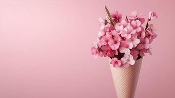 Cherry blossoms flower on paper wrap cone bag delivery on pink background photo