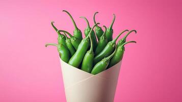 Green chili pepper on brown paper wrapping cone package grocery traditional market photo