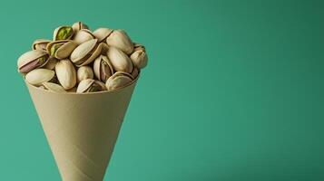 Pistachios on brown paper wrapped eco friendly container photo