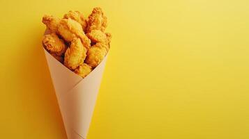 Fried chicken meal crunchy food on brown paper cone bag take away copy space photo