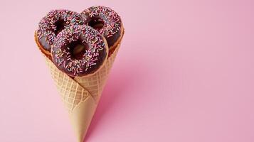 Donut waffle wrapped with topping cream on waffle flat cone wrapped copy space background photo