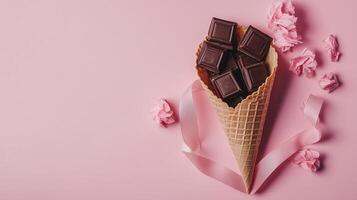 Chocolate bar on waffle crispy flat bread wrapped on solid background photo