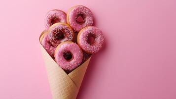 Donut waffle wrapped with topping cream on waffle flat cone wrapped copy space background photo