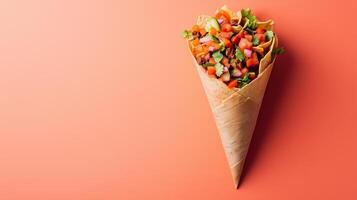 Buritto with vegetable and flat bread on paper wrapped delivery copy space background photo