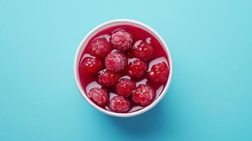 Raspberry fruit jam on paper basket container delivery take away, flat lay copy space photo