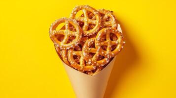 Pretzel wrapped on brown paper cone wrapped copy space background photo