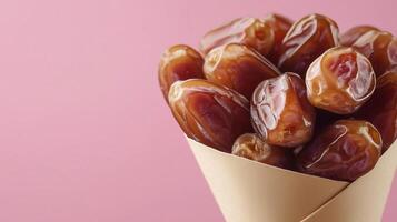 Dates fruit closeup healthy protein for snack or flour organic ingredient on cone wrapped container photo