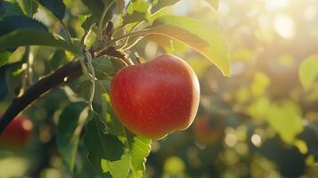 Red apple in tree with macro backlight bokeh background summer nature photo