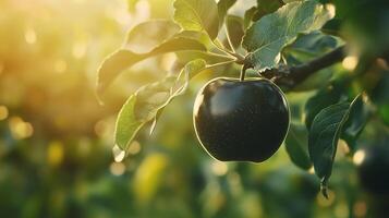 Black apple in tree with macro bokeh background sunlight summer photo