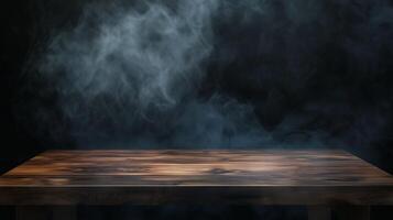 Brown wooden table perspective with dark rustic wall background photo