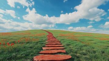 Stepping red textured stones forwarding to hill mountain peak destination on mountain photo