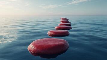 Stepping red stones with texture forwarding in ocean water with blue sky photo