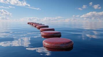 Stepping red stones with texture forwarding in ocean water with blue sky photo