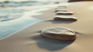 Stepping grey stones with texture forwarding in beach sand and ocean water with blue sky photo