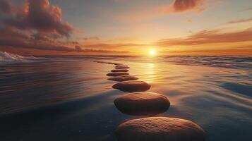 Stepping grey stones with texture forwarding in beach sand and ocean water with sunset sky photo