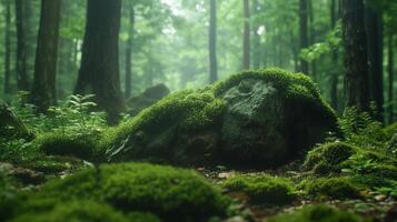 Deep green forest with rocks covered by moss, leaves, grass freshness nature environment photo