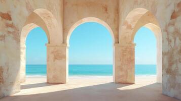 Historical white architectural arches ancient beauty wall gate on sandy beach with sunset sky photo