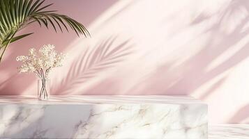 Table top white marble counter copy space cement wall with shadow sunlight from flower vas photo