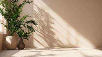 Earth tone wall cement blank with sun bright shadow from window and palm tree photo