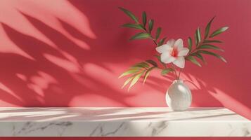 Table top white marble counter copy space cement wall with shadow sunlight from flower vas photo