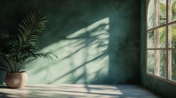 Green wall cement blank with sun bright shadow from window and palm tree photo