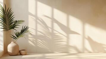 Earth tone wall cement blank with sun bright shadow from window and palm tree photo
