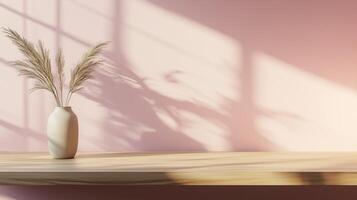 Minimalist wooden counter table against concrete textured pink wall with shadow light plant photo