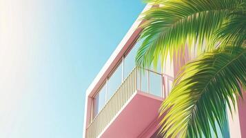 Modern minimalist east style window building with pink tone wall and greenery palm plant decoration photo